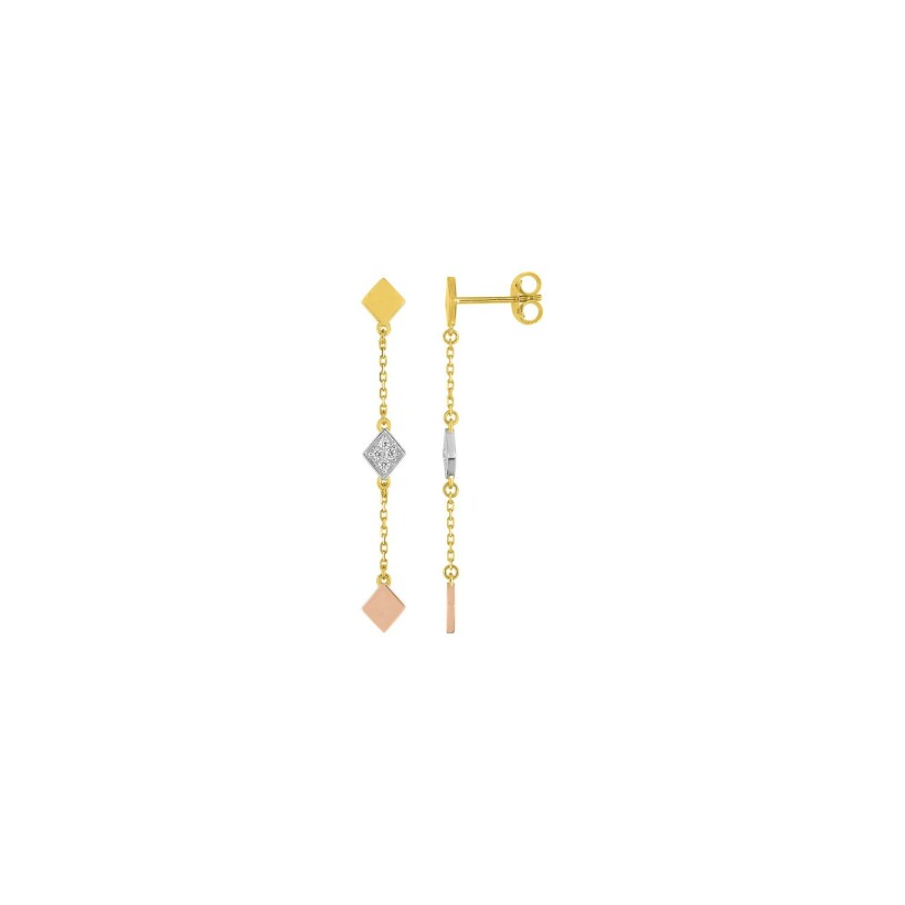 Boucles d'oreilles pendantes en or rose, or jaune et rhodium et diamants