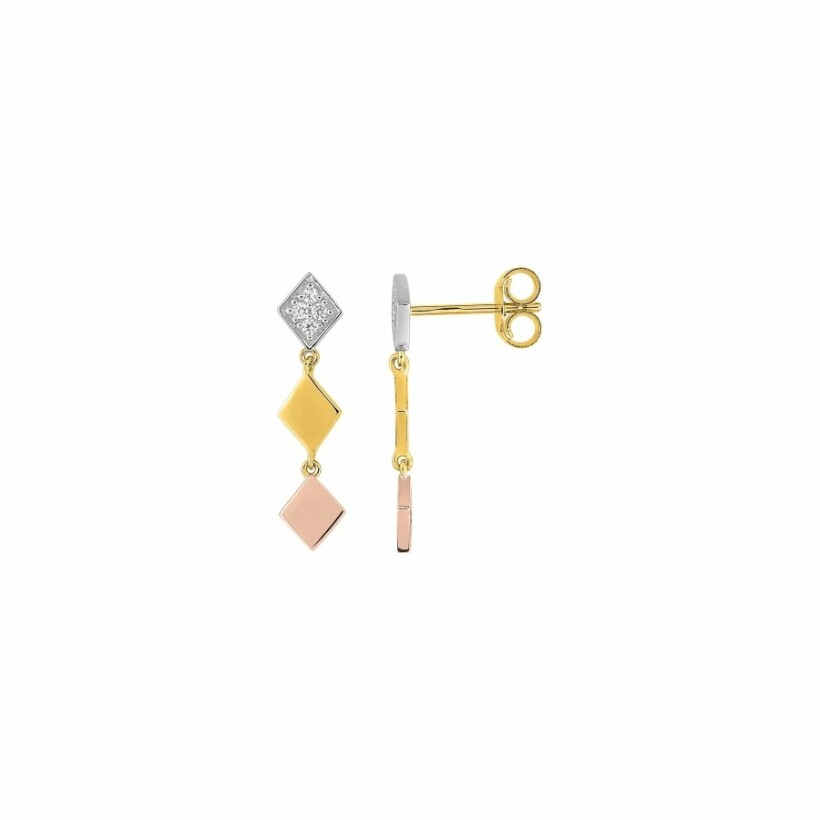 Boucles d'oreilles pendantes en or jaune, or rose, rhodium et diamants