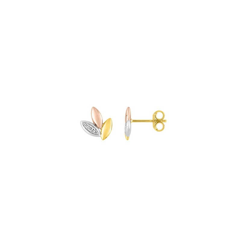 Puces d'oreilles en or jaune, or rose, or blanc et diamants, 0.04ct