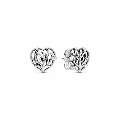 Boucles d'oreilles clous Pandora People cœur arbre de vie en argent