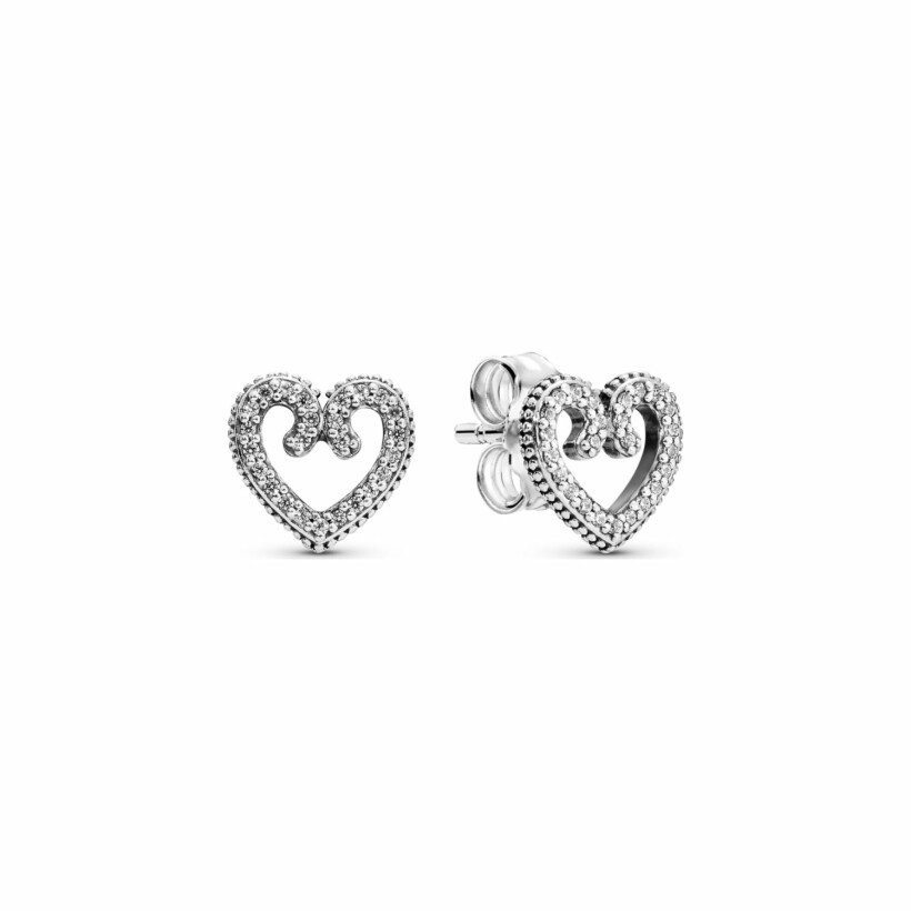 Boucles d'oreilles clous Pandora People tourbillon cœur en argent et oxyde de zirconium