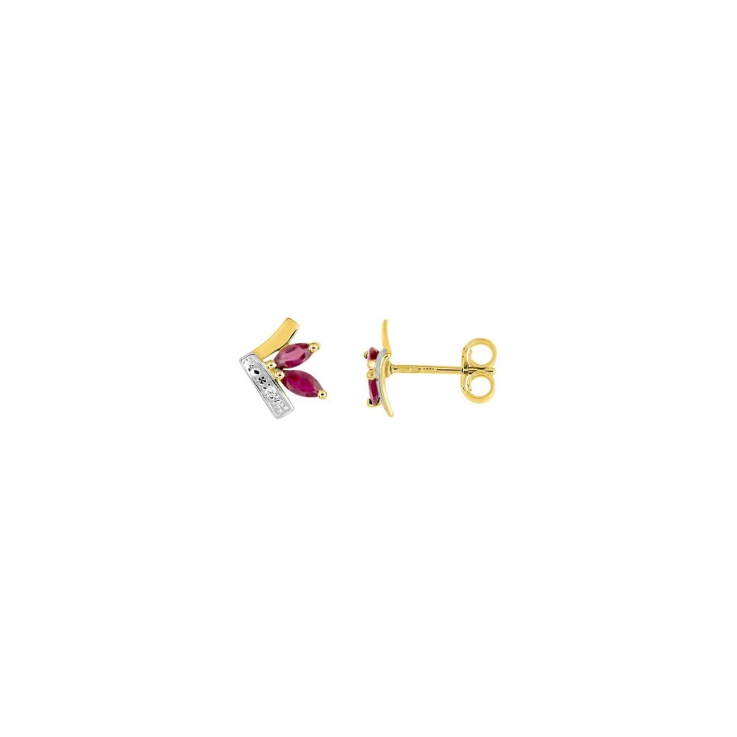 Puces d'oreilles en or jaune rhodié, rubis et oxydes de zirconium