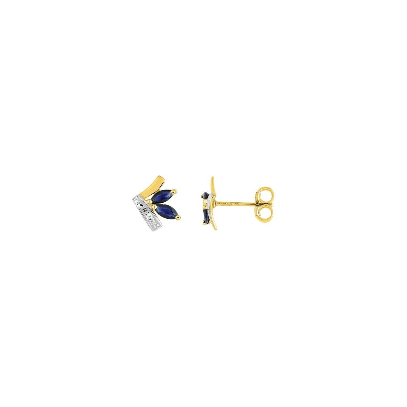Puces d'oreilles en or jaune rhodié, saphirs et oxydes de zirconium