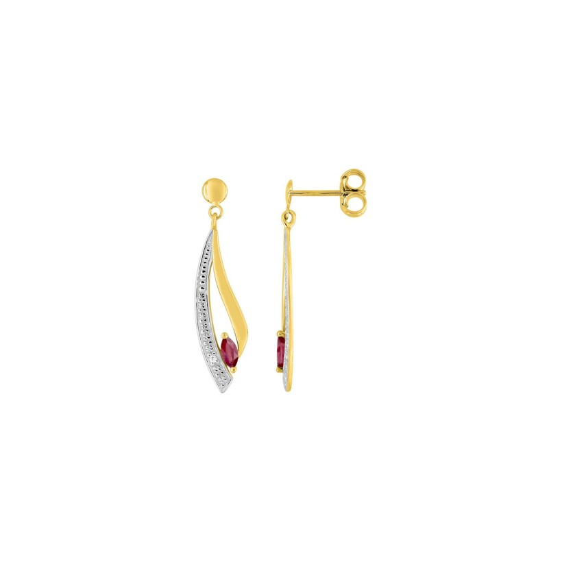 Boucles d'oreilles pendantes en or jaune rhodié, rubis et oxydes de zirconium