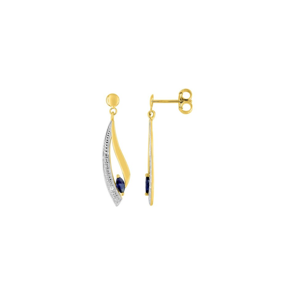 Boucles d'oreilles pendantes en or jaune rhodié, saphirs et oxydes de zirconium