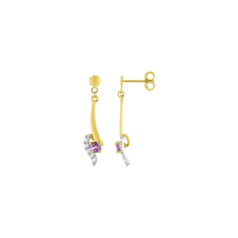 Boucles d'oreilles pendantes en or jaune rhodié, améthystes et oxydes de zirconium