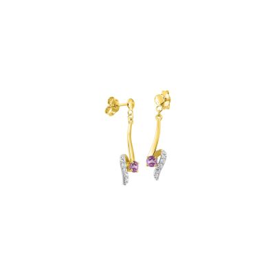 Boucles d'oreilles pendantes en or jaune rhodié, améthystes et oxydes de zirconium