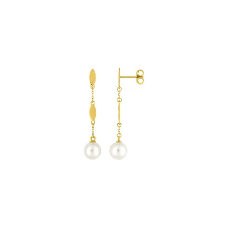 Boucles d'oreilles pendantes en or jaune et perles