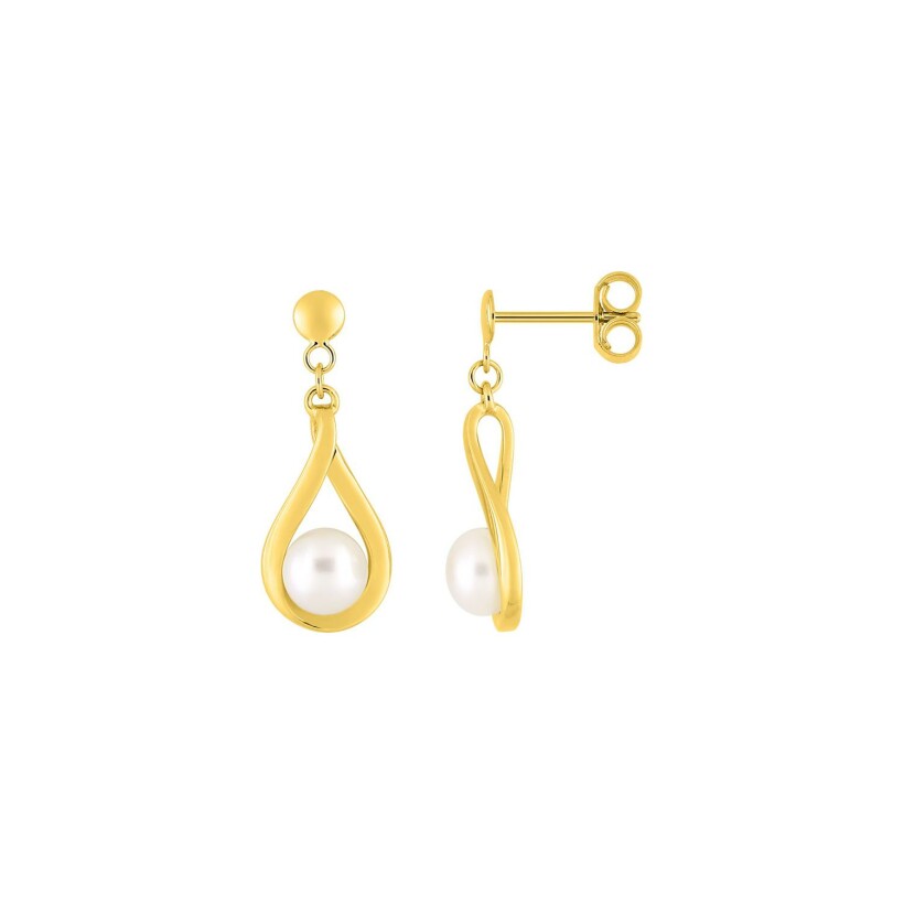 Boucles d'oreilles pendantes en or jaune et perles