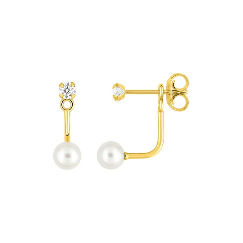 Boucles d'oreilles pendantes en or jaune, oxydes de zirconium et perles