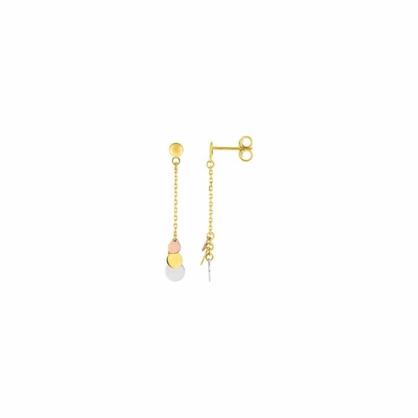 Boucles d'oreilles pendantes en or jaune, or rose et rhodium