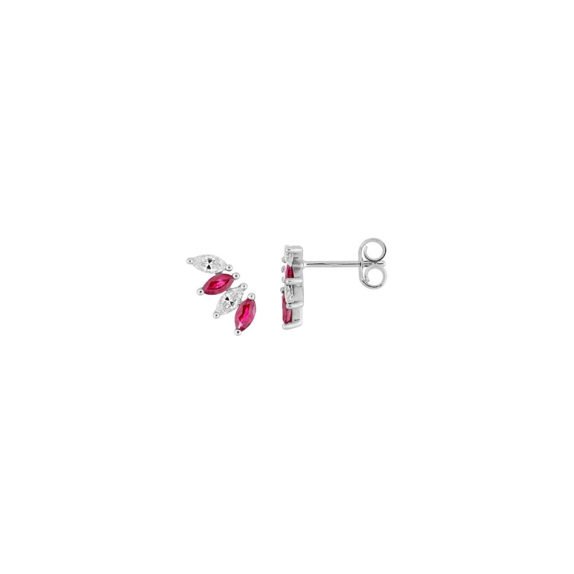 Puces d'oreilles en or blanc, rubis et oxydes de zirconium