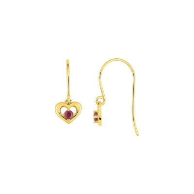 Boucles d'oreilles crochet en or jaune et rubis