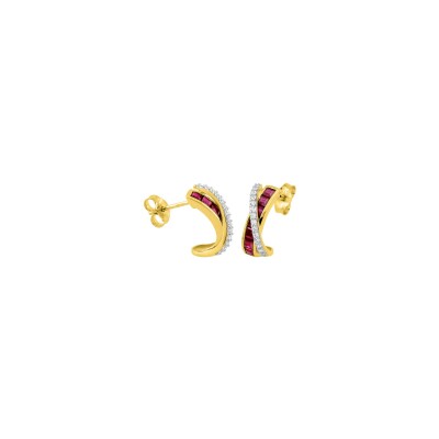 Boucles d'oreilles créoles en or jaune rhodié, rubis et oxydes de zirconium
