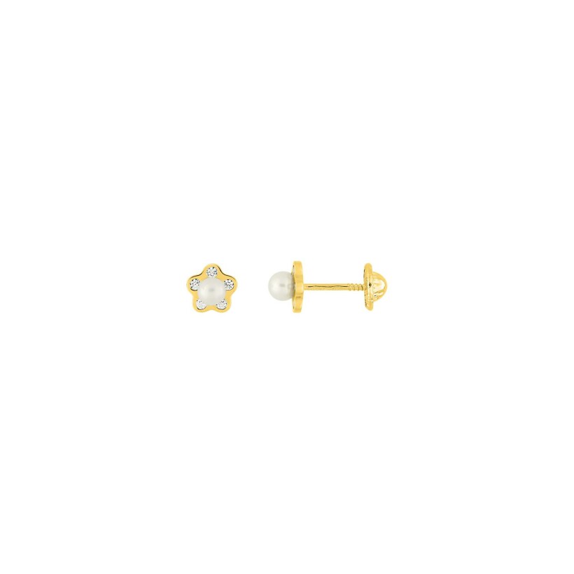 Puces d'oreilles en or jaune, oxydes de zirconium et perles