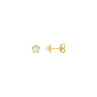 Puces d'oreilles en or jaune, oxydes de zirconium et perles