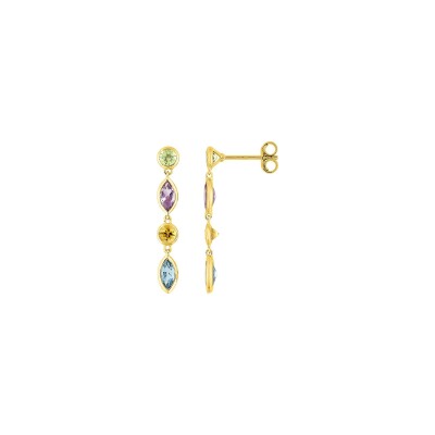 Boucles d'oreilles en or jaune, topaze bleue, améthyste, péridot et citrine