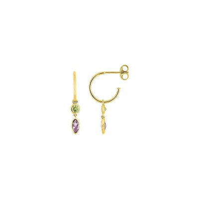 Boucles d'oreilles demi créoles en or jaune, améthyste et péridot
