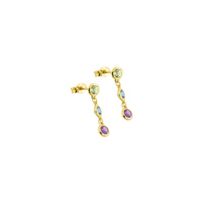 Boucles d'oreilles pendantes en or jaune, topaze bleue, améthyste et péridot