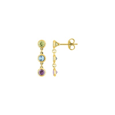 Boucles d'oreilles pendantes en or jaune, topaze bleue, améthyste et péridot