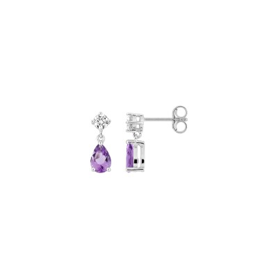 Boucles d'oreilles pendantes en or blanc, oxyde de zirconium et améthyste