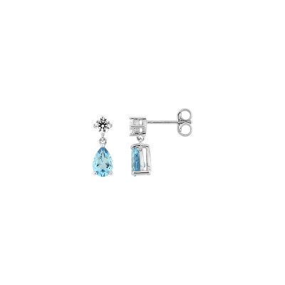 Boucles d'oreilles pendantes en or blanc, topaze bleue et oxyde de zirconium