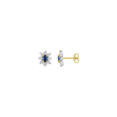 Clous d'oreilles en or jaune, saphir et diamant 0.06ct