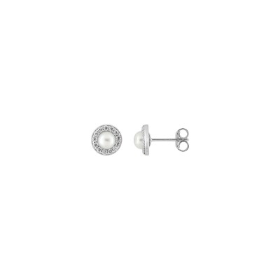 Clous d'oreilles 4mm en or blanc, perle de culture 4mm et oxyde de zirconium