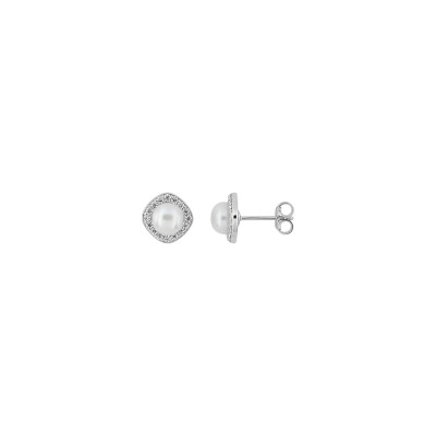 Clous d'oreilles 5mm en or blanc, perle de culture 5mm et oxyde de zirconium