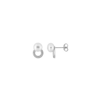 Clous d'oreilles 6mm en or blanc, perle de culture 6mm et oxyde de zirconium