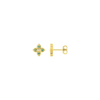 Clous d'oreilles en or jaune, émeraude et diamant 0.01ct