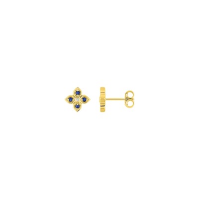 Clous d'oreilles en or jaune, saphir et diamant 0.01ct