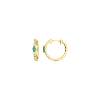 Boucles d'oreilles créoles en or jaune, émeraude et diamant 0.20ct