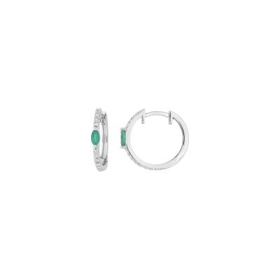 Boucles d'oreilles créoles en or blanc, émeraude et diamant 0.20ct
