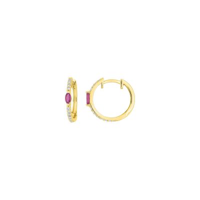 Boucles d'oreilles créoles en or jaune, rubis et diamant 0.20ct