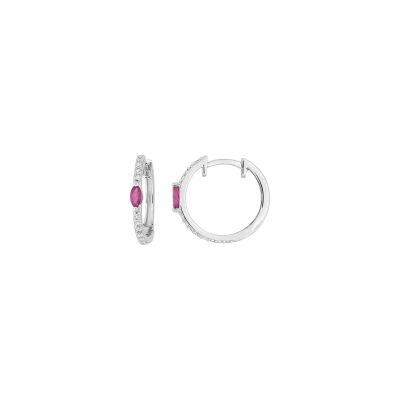 Boucles d'oreilles créoles en or blanc, rubis et diamant 0.20ct