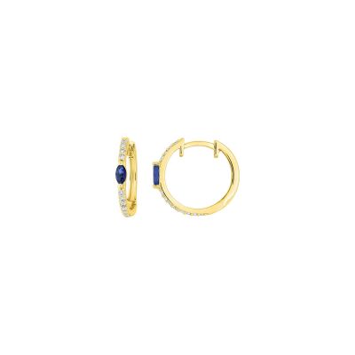 Boucles d'oreilles créoles en or jaune, saphir et diamant 0.20ct