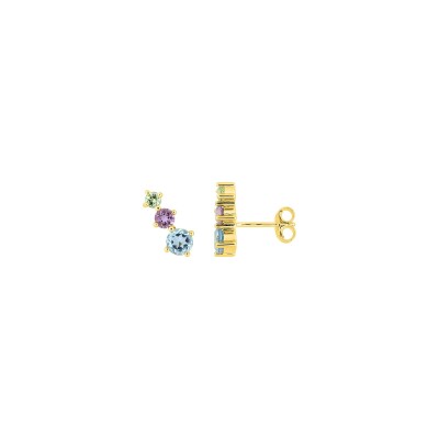 Clous d'oreilles en or jaune, topaze bleue, améthyste et péridot