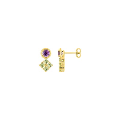 Clous d'oreilles en or jaune, améthyste et péridot