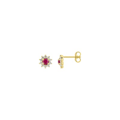 Clous d'oreilles  en or jaune, rubis et oxyde de zirconium