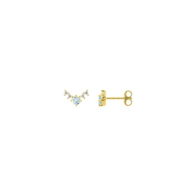 Boucles d'oreilles clous en or jaune, oxyde de zirconium et topaze bleue