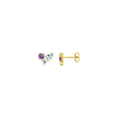 Boucles d'oreilles clous en or jaune, oxyde de zirconium, topaze bleue et iolite