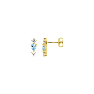 Boucles d'oreilles clous en or jaune, oxyde de zirconium et topaze bleue