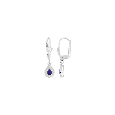 Boucles d'oreilles dormeuses en or blanc, saphir et diamant 0.02ct