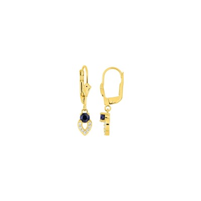 Boucles d'oreilles dormeuses en or jaune, oxyde de zirconium et saphir