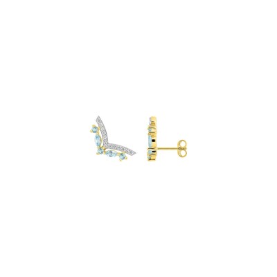 Boucles d'oreilles clous en or jaune rhodié, topaze bleue et oxyde de zirconium