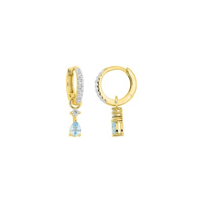 Boucles d'oreilles créoles en or jaune rhodié, topaze bleue et oxyde de zirconium