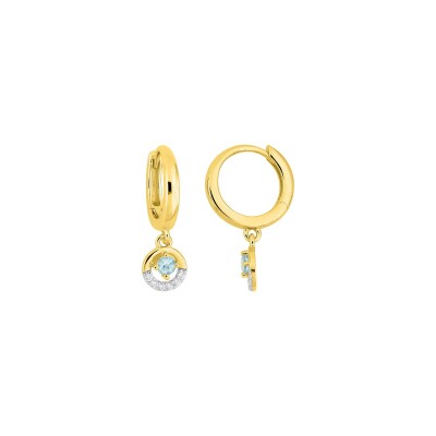 Boucles d'oreilles créoles en or jaune, topaze bleue et oxyde de zirconium