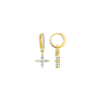 Boucles d'oreilles créoles en or jaune rhodié, topaze bleue et oxyde de zirconium