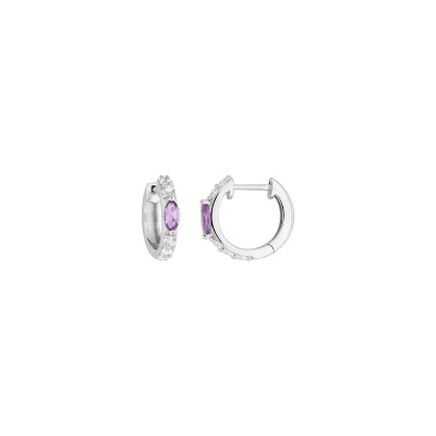 Boucles d'oreilles créoles en or blanc, améthyste et oxyde de zirconium